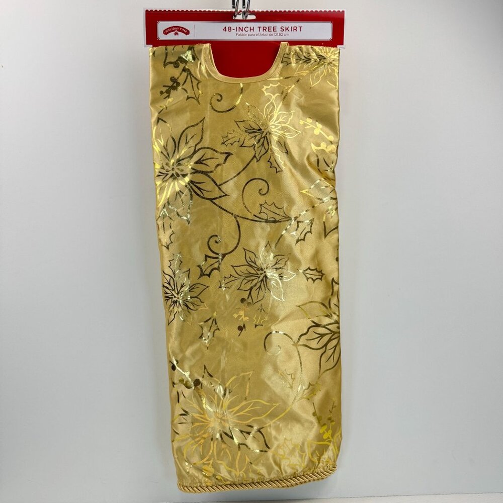 Holiday Time Gold 48-Inch Round Christmas Tree Skirt Poinsettia Holly Leaves NEW